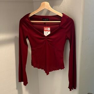 Burgundy Ruched V-Neck Long Sleeve Crop Top